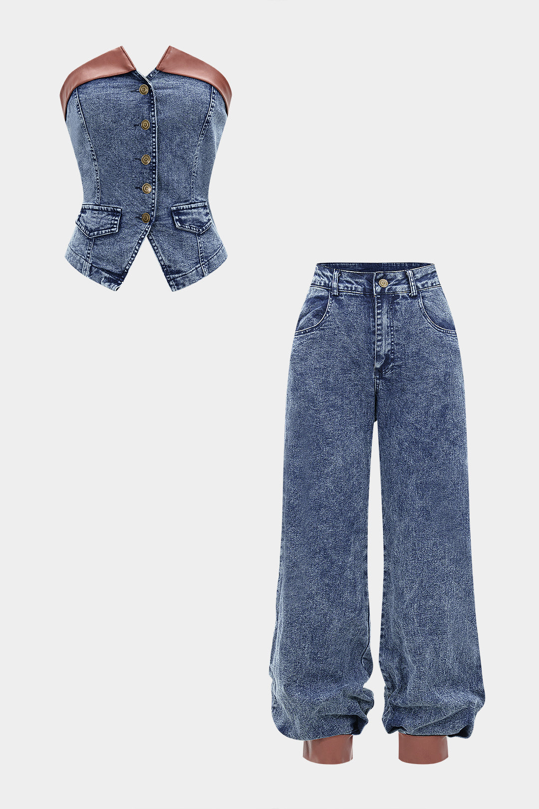 Komplet damski z gorsetowym topem i spodniami z szerokimi nogawkami