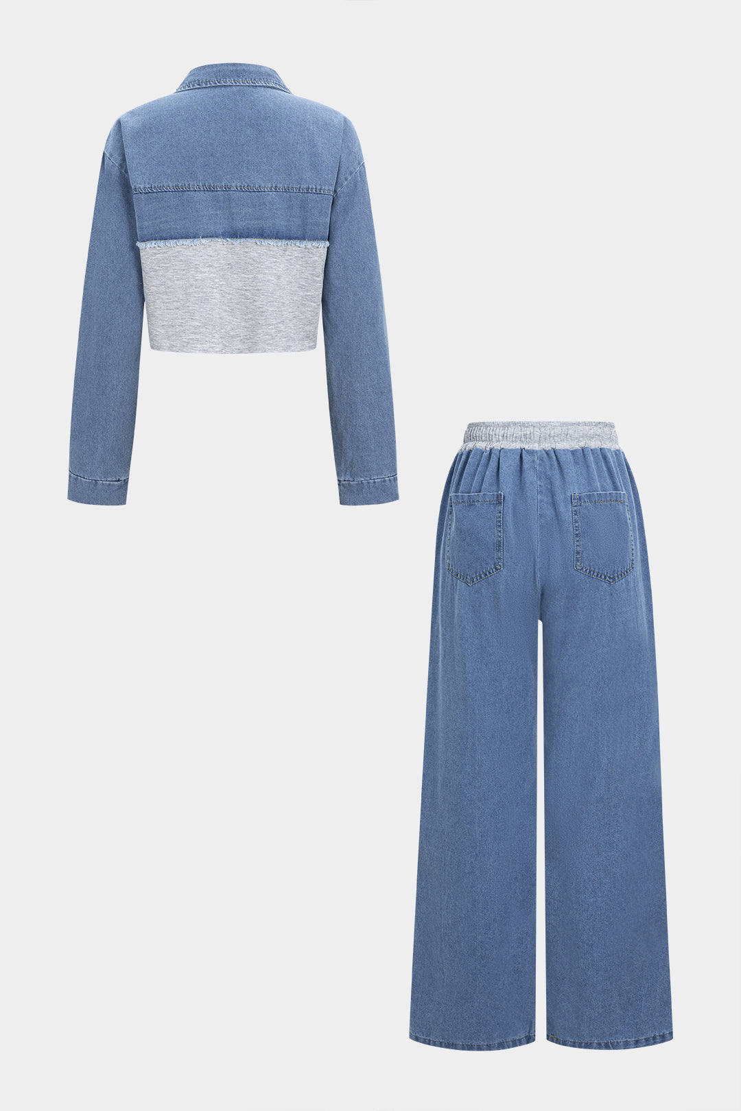 Komplet dwuczęściowy z kontrastowym połączeniem materiałów