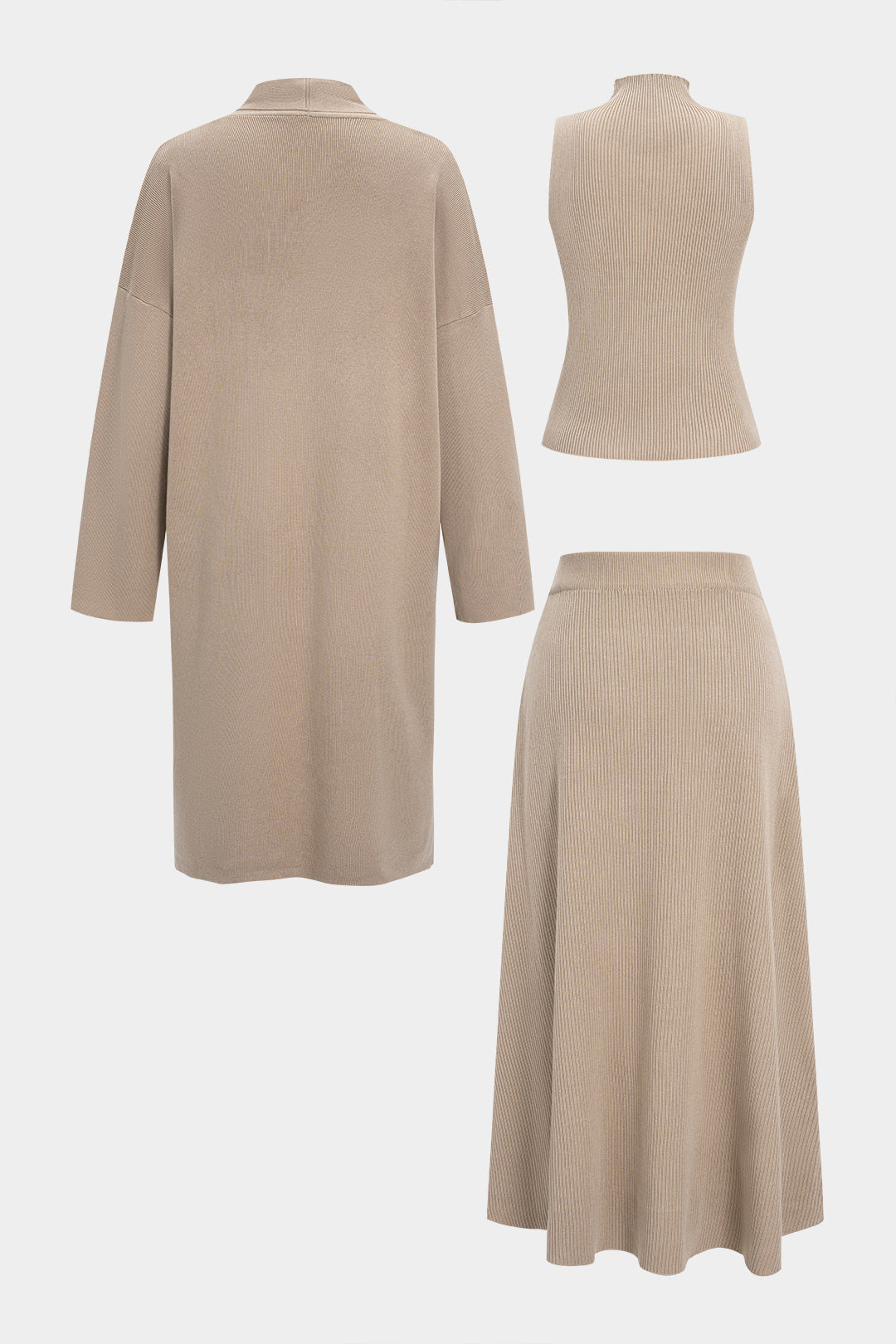 Komplet dzianinowy 3-częściowy z długim kardiganem i spódnicą midi