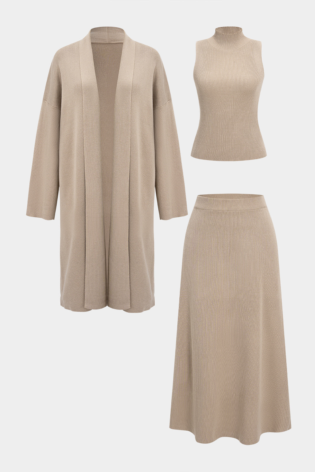 Komplet dzianinowy 3-częściowy z długim kardiganem i spódnicą midi