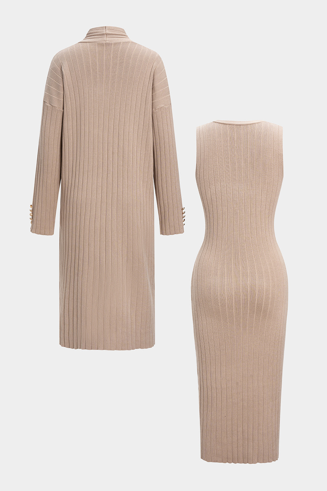 Komplet dzianinowy sukienka i długi kardigan z guzikami