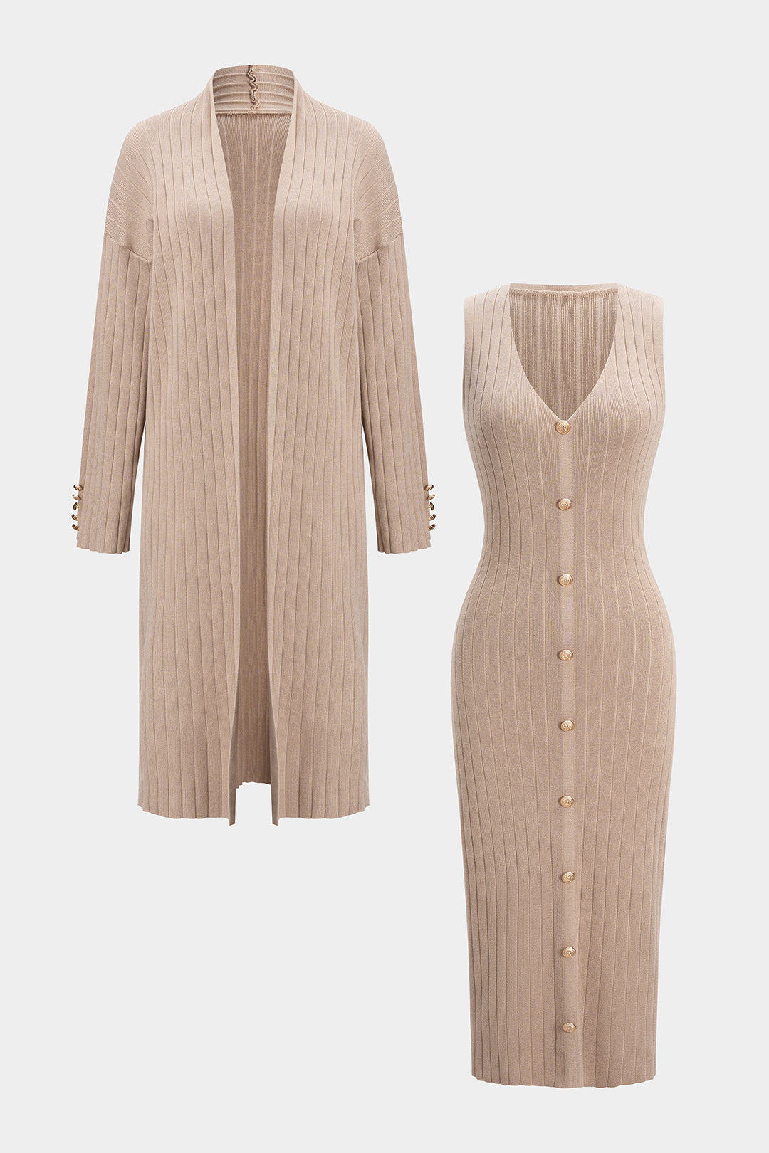 Komplet dzianinowy sukienka i długi kardigan z guzikami