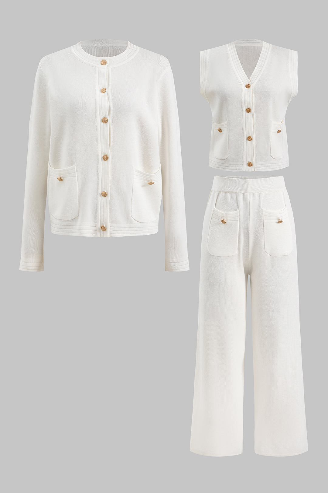 Trzyczęściowy komplet dzianinowy z kieszeniami i guzikami