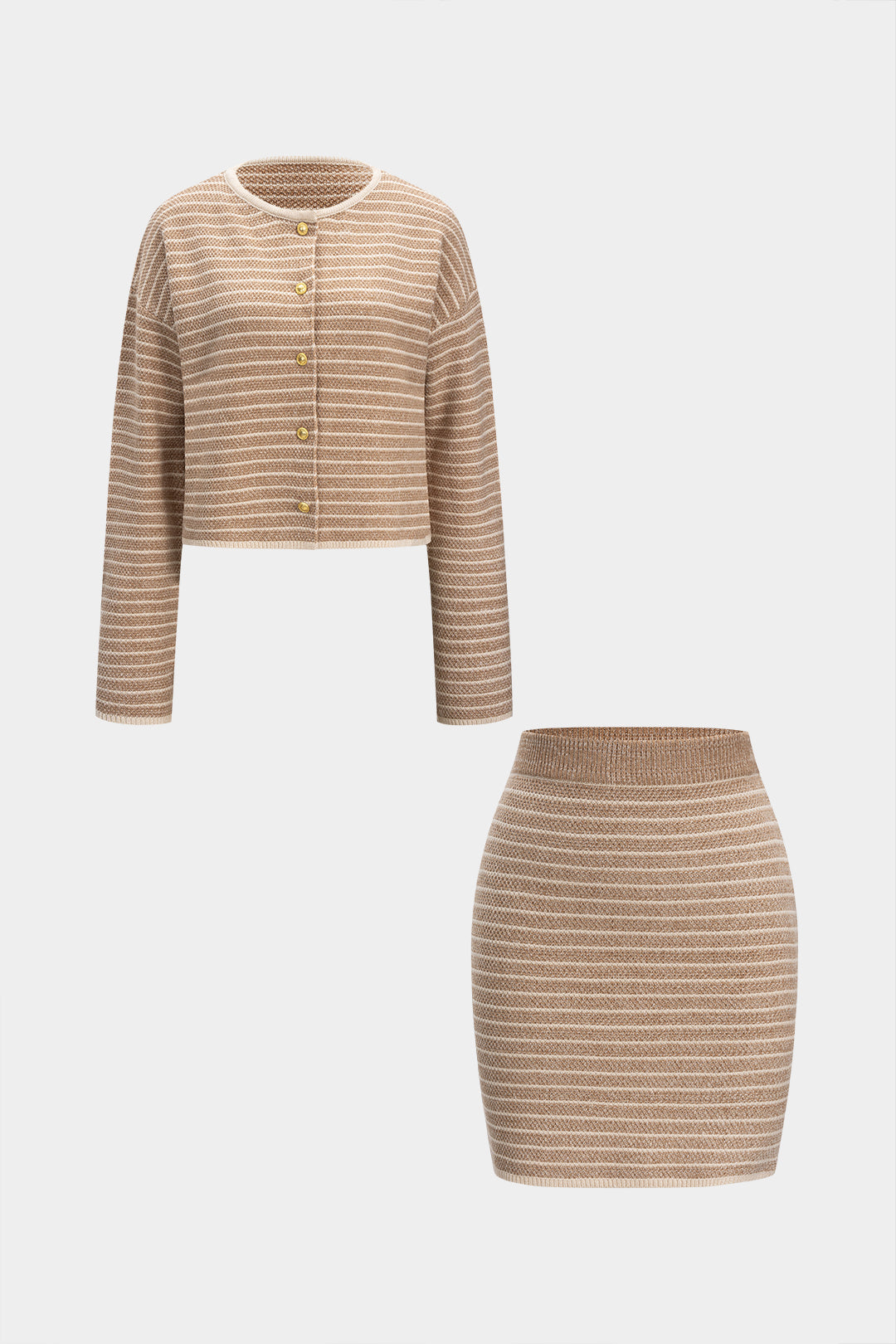 Komplet dzianinowy kardigan + spódnica mini w paski