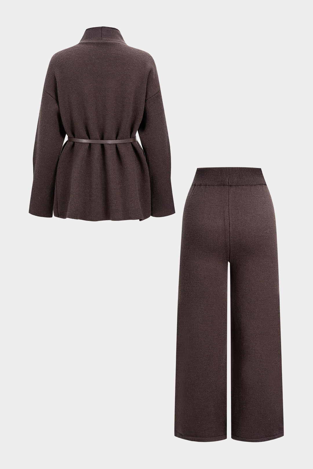 Komplet dzianinowy z paskiem i szerokimi spodniami