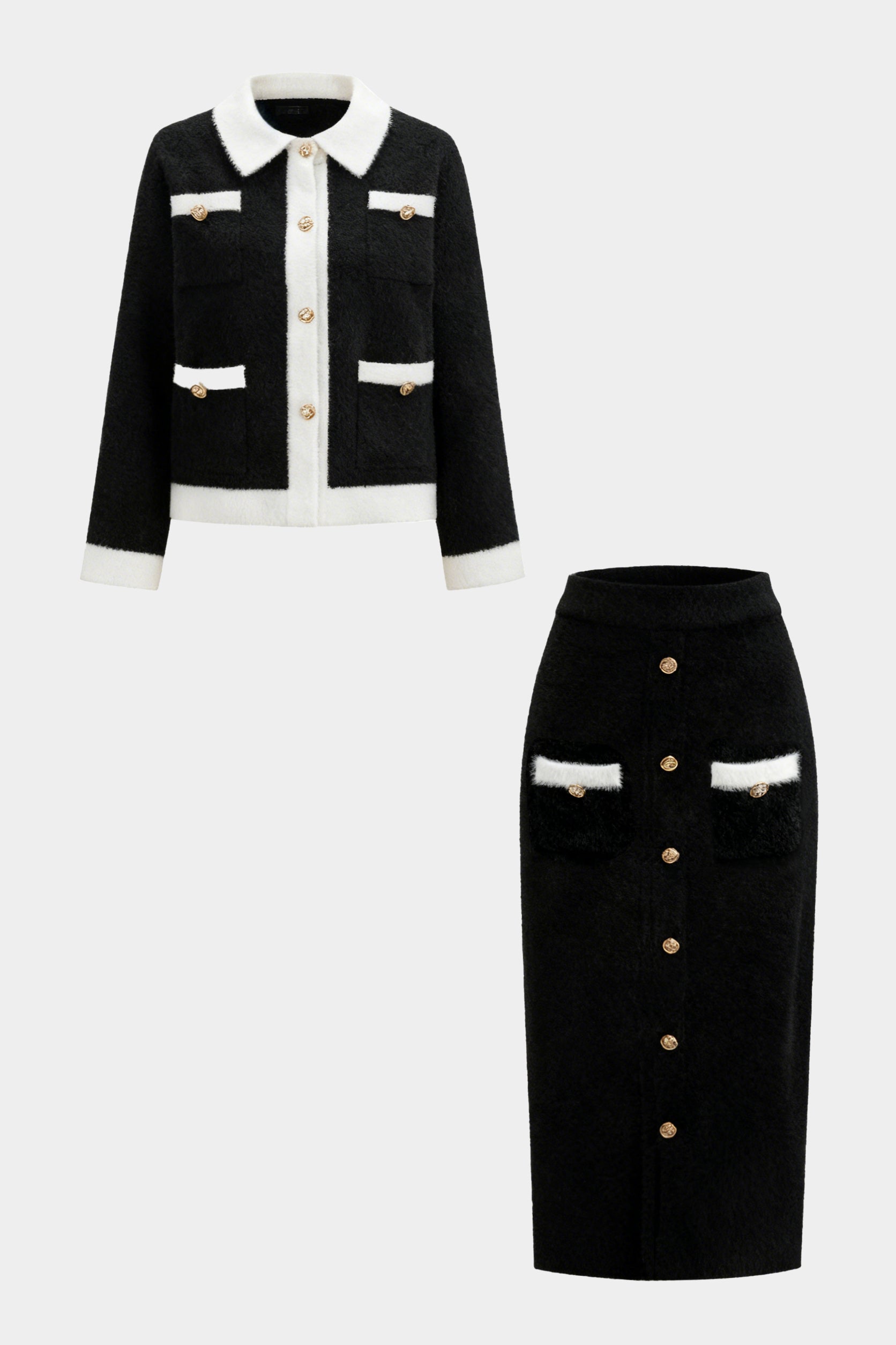 Elegancki komplet marynarka i spódnica midi z guzikami i kieszeniami