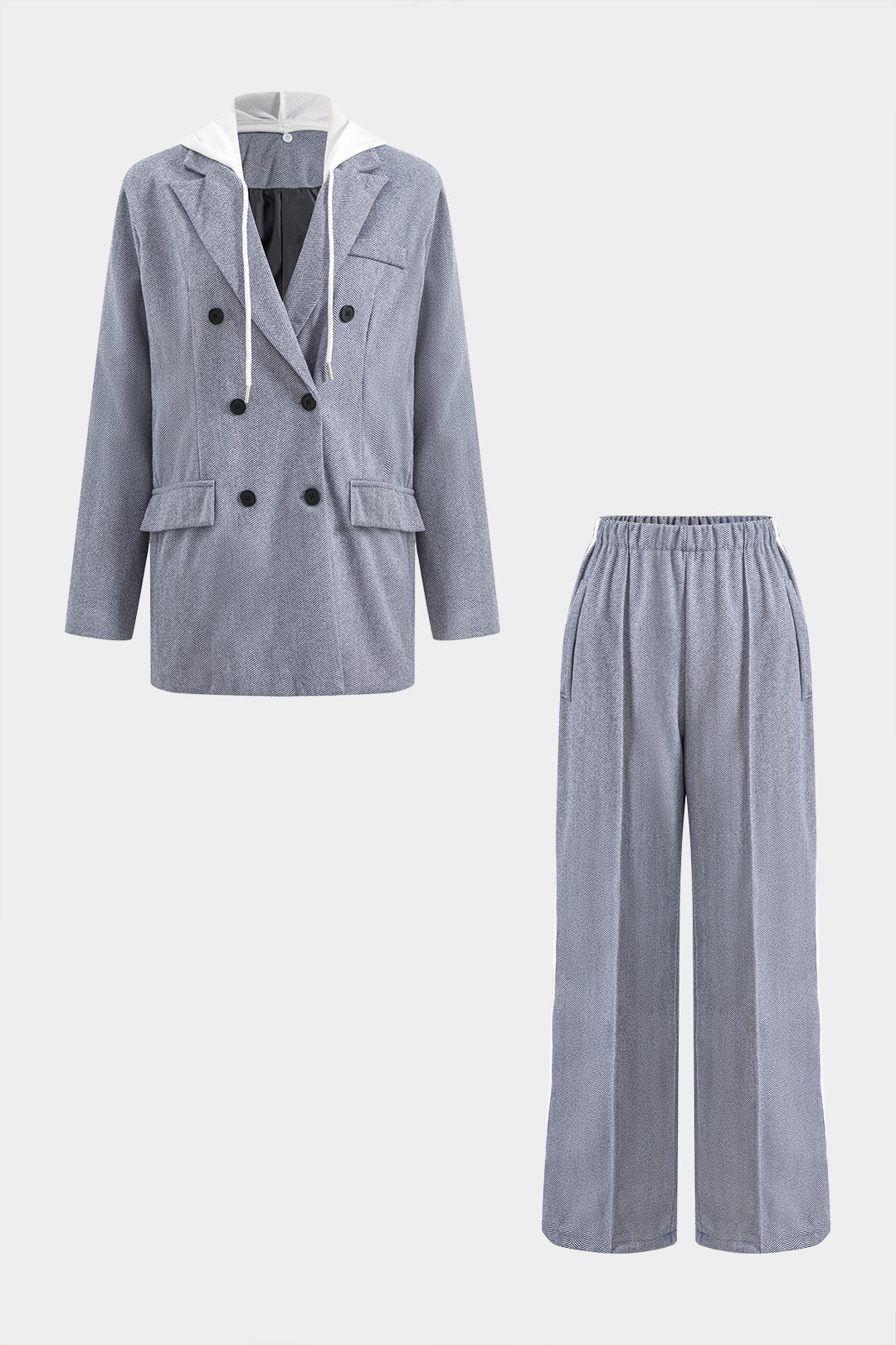Elegancki komplet: dwurzędowa marynarka i spodnie z elastyczną talią