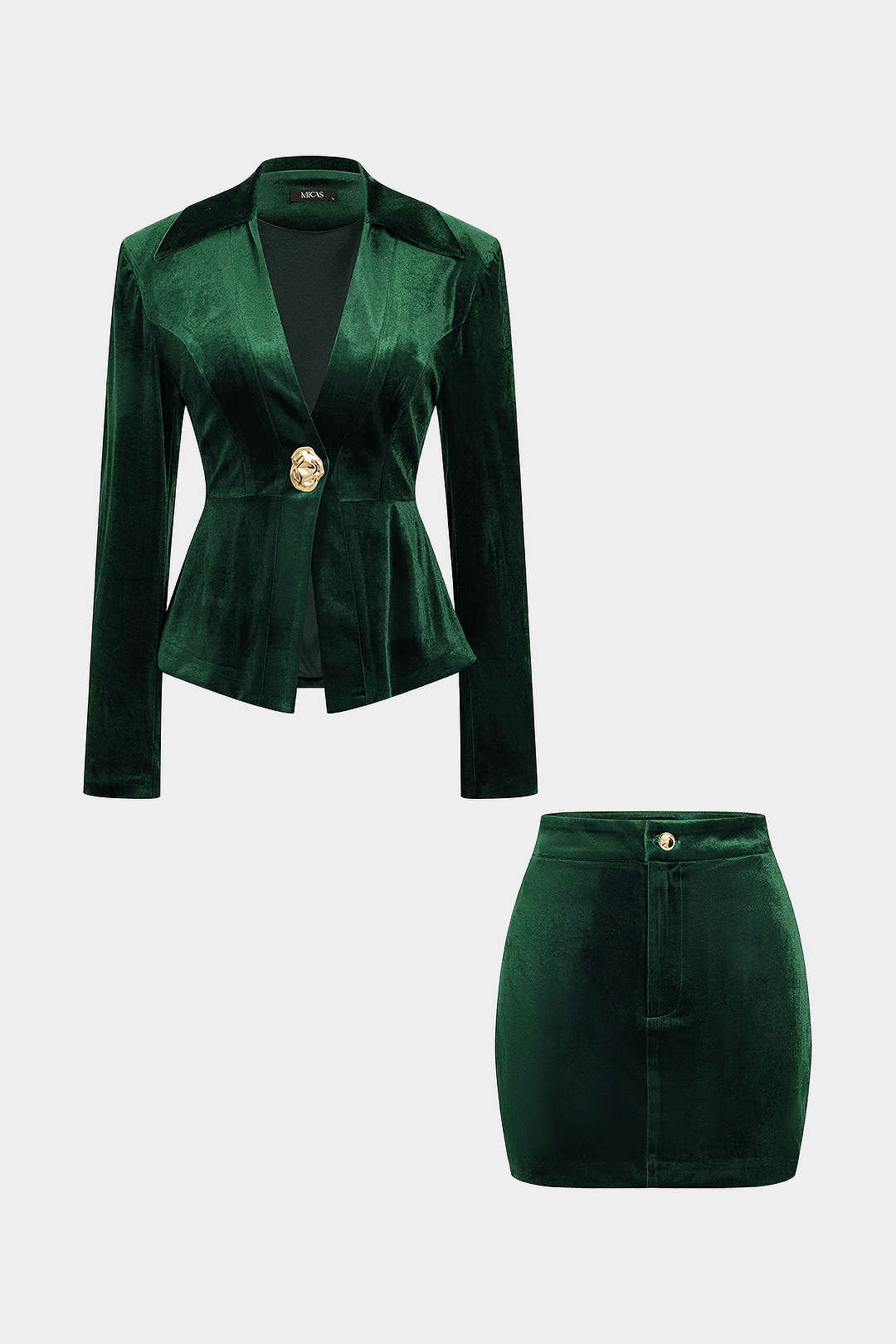 Elegancki komplet marynarka i spódnica mini z ozdobnym guzikiem