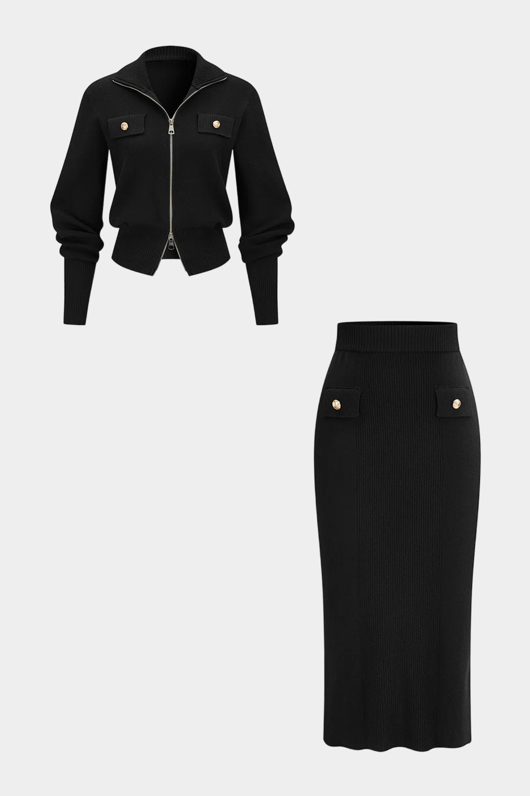 Elegancki komplet: kurtka z zamkiem i spódnica midi