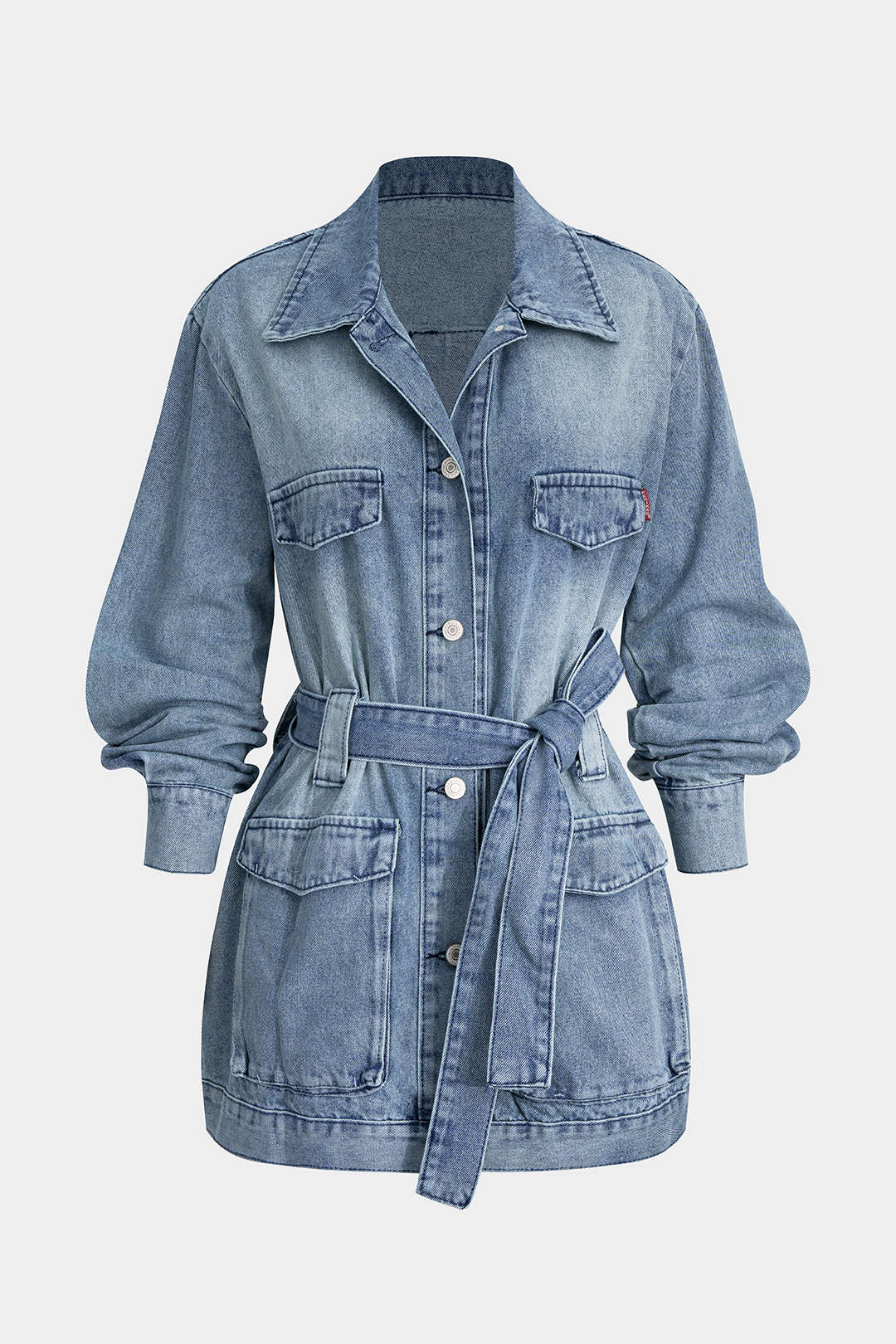 Kurtka jeansowa z paskiem w talii i dużymi kieszeniami