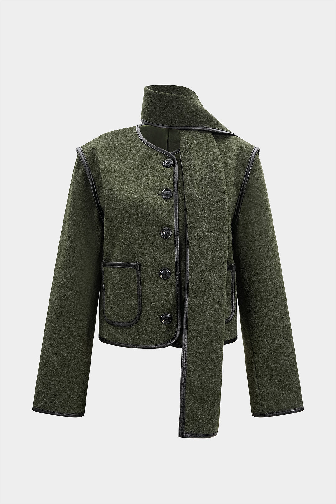 Kurtka z asymetrycznym kołnierzem i wiązaniem przy szyi