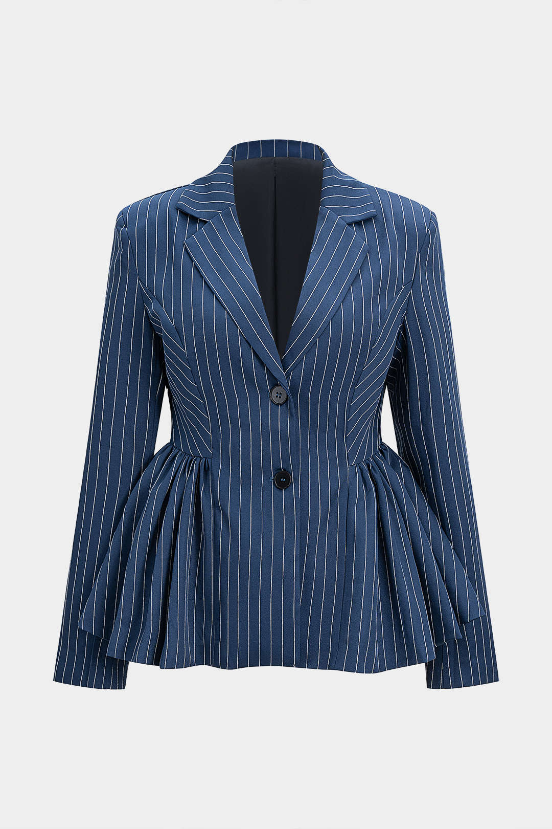 Marynarka damska w paski z baskinką i podwójnym zapięciem