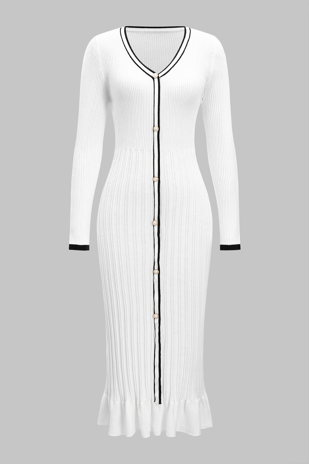 Dopasowana sukienka midi z guzikami i falbaną