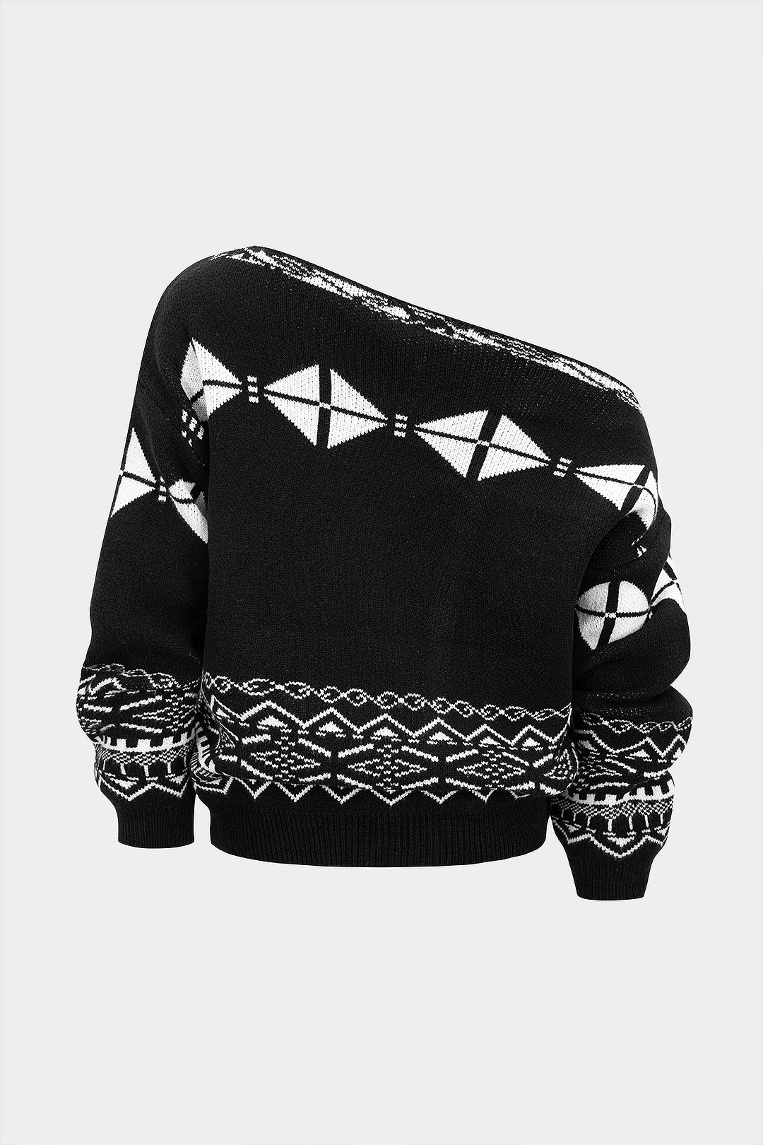 Sweter damski z asymetrycznym dekoltem i geometrycznym wzorem