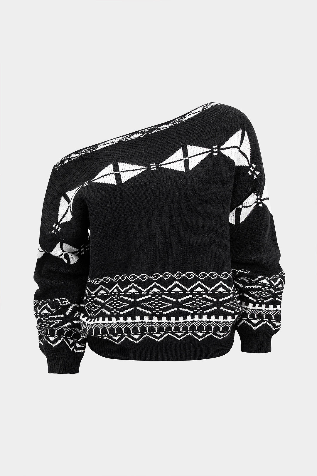 Sweter damski z asymetrycznym dekoltem i geometrycznym wzorem