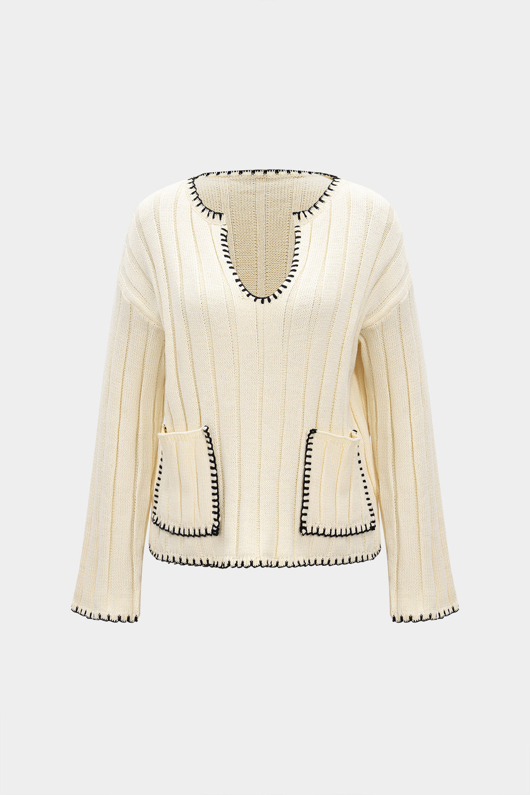 Sweter z dekoltem w serek z kieszeniami