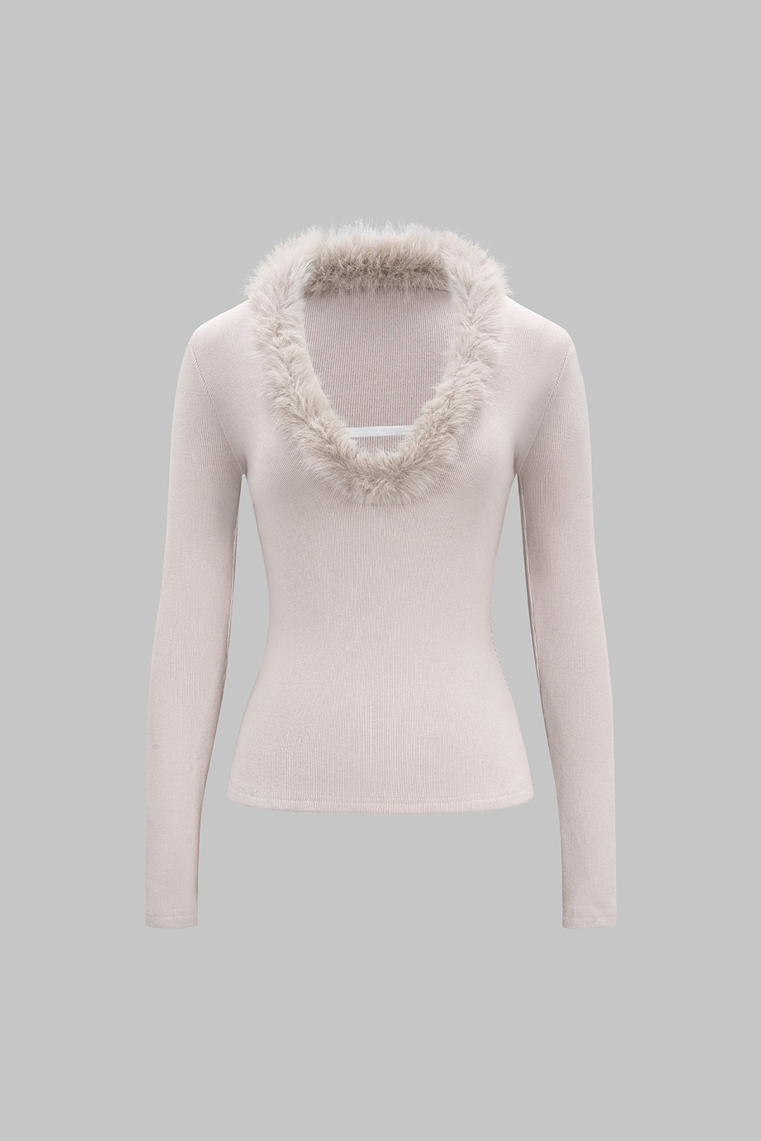 Sweter z dekoltem w serek i futrzanym detalem