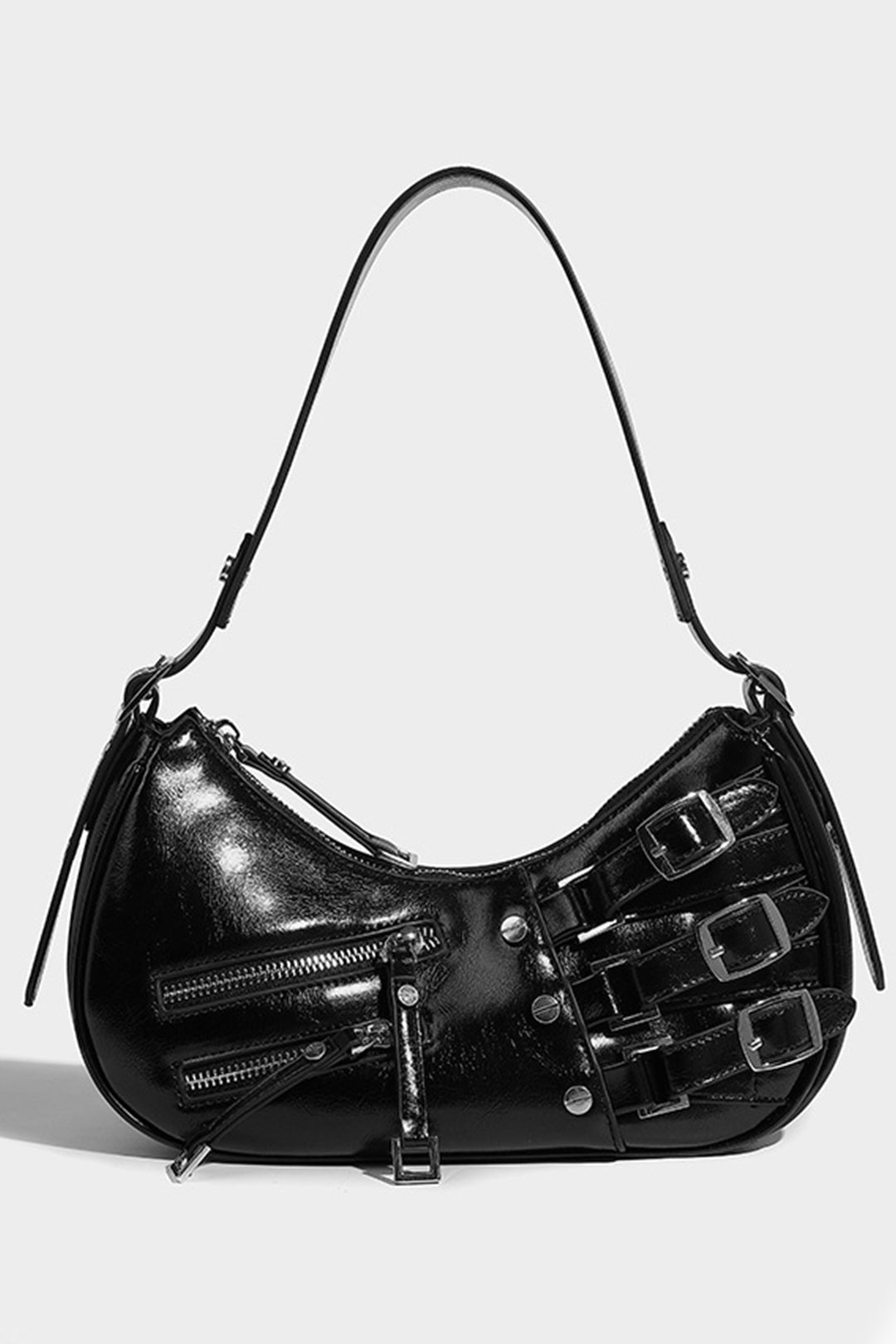 Torebka na ramię z metalowymi sprzączkami i zamkami