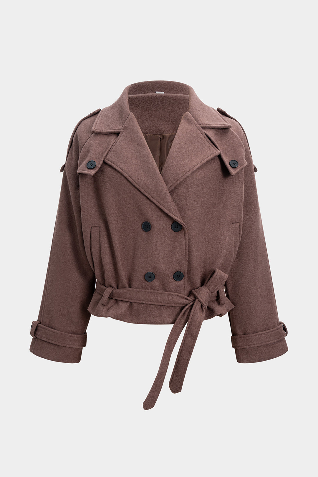 Trencz damski dwurzędowy z paskiem w talii